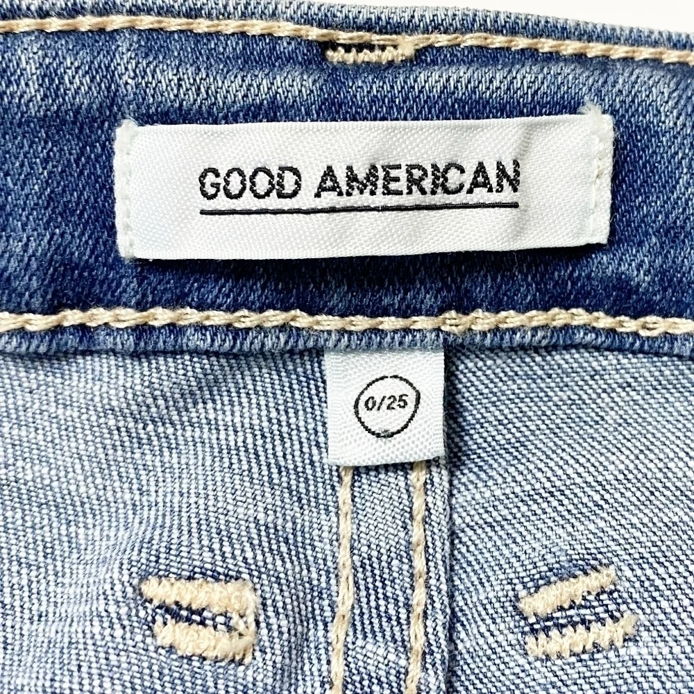 Good American Mid Rise Cutoff Bermuda Shorts denim blue jean‎ stretch long knee